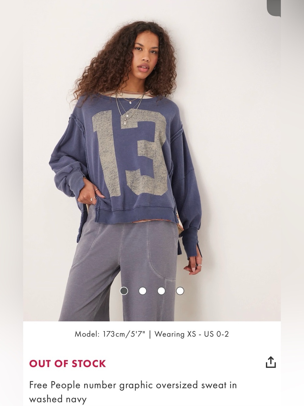 Free People Graphic '13' Oversized Sweatshirt in Washed Navy - Size Small